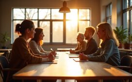 In einem hell erleuchteten, freundlichen Büroraum sitzt ein kleines Team engagierter Menschen unterschiedlicher Herkunft konzentriert und dialogbereit um einen großen Holztisch, während durch große Fenster sanftes Tageslicht fällt und warme Holztöne eine einladende Atmosphäre schaffen – ein Sinnbild für Zusammenarbeit und neue Verantwortung in der digitalen Community.