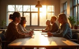 In einem hell erleuchteten, freundlichen Büroraum sitzt ein kleines Team engagierter Menschen unterschiedlicher Herkunft konzentriert und dialogbereit um einen großen Holztisch, während durch große Fenster sanftes Tageslicht fällt und warme Holztöne eine einladende Atmosphäre schaffen – ein Sinnbild für Zusammenarbeit und neue Verantwortung in der digitalen Community.