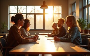 In einem hell erleuchteten, freundlichen Büroraum sitzt ein kleines Team engagierter Menschen unterschiedlicher Herkunft konzentriert und dialogbereit um einen großen Holztisch, während durch große Fenster sanftes Tageslicht fällt und warme Holztöne eine einladende Atmosphäre schaffen – ein Sinnbild für Zusammenarbeit und neue Verantwortung in der digitalen Community.