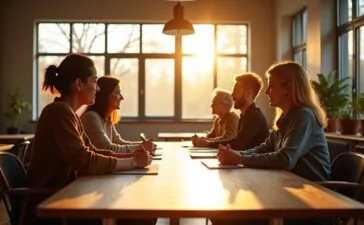 In einem hell erleuchteten, freundlichen Büroraum sitzt ein kleines Team engagierter Menschen unterschiedlicher Herkunft konzentriert und dialogbereit um einen großen Holztisch, während durch große Fenster sanftes Tageslicht fällt und warme Holztöne eine einladende Atmosphäre schaffen – ein Sinnbild für Zusammenarbeit und neue Verantwortung in der digitalen Community.