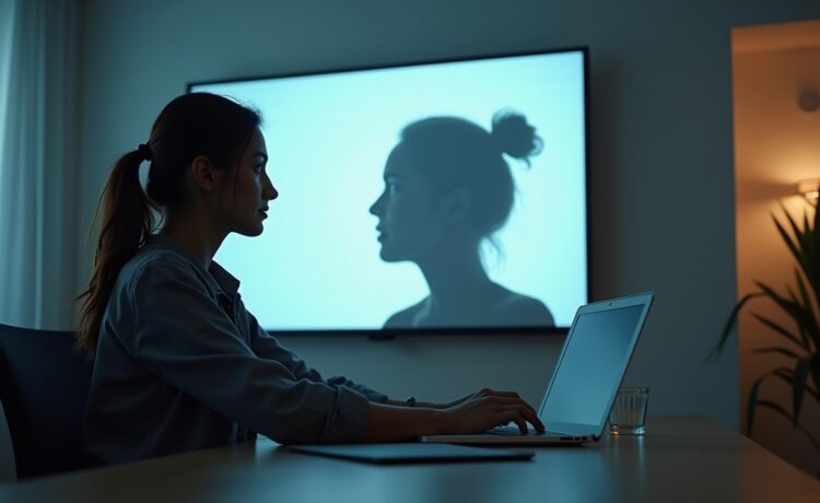 Ein hell erleuchtetes, modernes Büro mit freundlicher Atmosphäre, in dem eine nachdenkliche junge Frau vor einem Laptop sitzt und auf einem großen Bildschirm eine verschwommene, digitale Silhouette eines Gesichts betrachtet – symbolisch für die ethischen Herausforderungen von Deepfake-Technologien und KI-Missbrauch.
