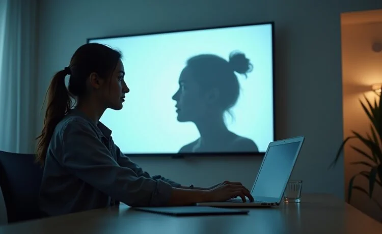 Ein hell erleuchtetes, modernes Büro mit freundlicher Atmosphäre, in dem eine nachdenkliche junge Frau vor einem Laptop sitzt und auf einem großen Bildschirm eine verschwommene, digitale Silhouette eines Gesichts betrachtet – symbolisch für die ethischen Herausforderungen von Deepfake-Technologien und KI-Missbrauch.