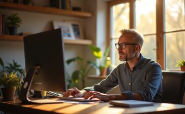 Ein freundliches, hell erleuchtetes Büro mit einem Entwickler mittleren Alters, der konzentriert an seinem modernen Rechner arbeitet, umgeben von warmen Holzelementen und dezentem Tageslicht, das durch großes Fenster fällt – ein stimmungsvolles Sinnbild für die Verbindung von bewährtem Delphi-Wissen und aktueller Webentwicklung.