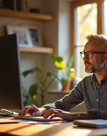 Ein freundliches, hell erleuchtetes Büro mit einem Entwickler mittleren Alters, der konzentriert an seinem modernen Rechner arbeitet, umgeben von warmen Holzelementen und dezentem Tageslicht, das durch großes Fenster fällt – ein stimmungsvolles Sinnbild für die Verbindung von bewährtem Delphi-Wissen und aktueller Webentwicklung.