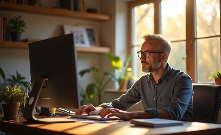 Ein freundliches, hell erleuchtetes Büro mit einem Entwickler mittleren Alters, der konzentriert an seinem modernen Rechner arbeitet, umgeben von warmen Holzelementen und dezentem Tageslicht, das durch großes Fenster fällt – ein stimmungsvolles Sinnbild für die Verbindung von bewährtem Delphi-Wissen und aktueller Webentwicklung.