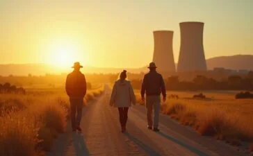 Eine sonnendurchflutete ländliche Landschaft in den USA mit einer modernen Rechenzentrumsanlage im Hintergrund, während besorgte Dorfbewohner in warmer Abendstimmung auf einem Weg zusammenstehen und in ein offenes, ehrliches Gespräch vertieft sind, das den Konflikt zwischen technologischem Fortschritt und sozialer Gemeinschaft spürbar macht.