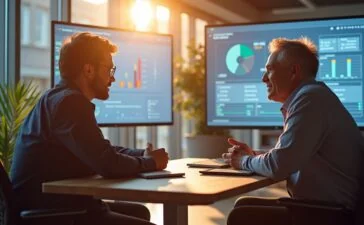 Ein sonnendurchflutetes, modernes Büro mit entspannten Fachleuten in angeregtem Gespräch vor großen Bildschirmen, die lebhaft Daten und KI-Algorithmen visualisieren – Sinnbild für den dynamischen Aufbruch und die warmherzige, zukunftsorientierte Atmosphäre der KI-Ära.