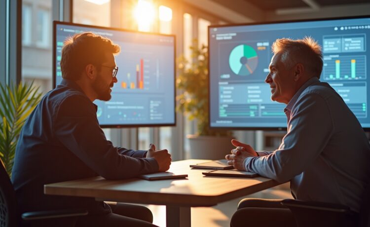 Ein sonnendurchflutetes, modernes Büro mit entspannten Fachleuten in angeregtem Gespräch vor großen Bildschirmen, die lebhaft Daten und KI-Algorithmen visualisieren – Sinnbild für den dynamischen Aufbruch und die warmherzige, zukunftsorientierte Atmosphäre der KI-Ära.