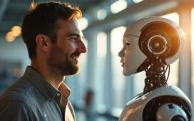 In einem sonnendurchfluteten, modernen Labor blickt ein freundlicher Ingenieur konzentriert auf einen hochentwickelten humanoiden Roboter mit natürlichen Gesichtszügen, während warmes Tageslicht sanft die Szene erhellt und eine Atmosphäre von Vertrauen und technologischer Verantwortung schafft.