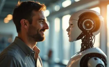 In einem sonnendurchfluteten, modernen Labor blickt ein freundlicher Ingenieur konzentriert auf einen hochentwickelten humanoiden Roboter mit natürlichen Gesichtszügen, während warmes Tageslicht sanft die Szene erhellt und eine Atmosphäre von Vertrauen und technologischer Verantwortung schafft.