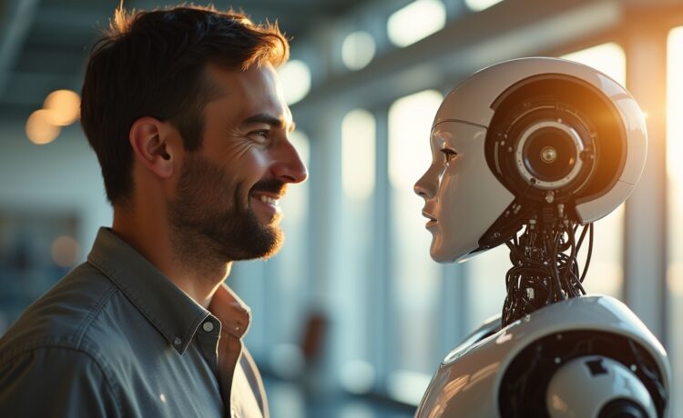 In einem sonnendurchfluteten, modernen Labor blickt ein freundlicher Ingenieur konzentriert auf einen hochentwickelten humanoiden Roboter mit natürlichen Gesichtszügen, während warmes Tageslicht sanft die Szene erhellt und eine Atmosphäre von Vertrauen und technologischer Verantwortung schafft.