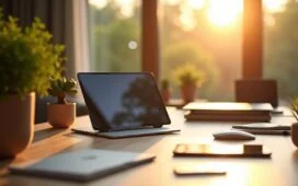 Ein hell erleuchteter, moderner Arbeitsplatz im warmen Morgenlicht, auf dem zwei kompakte Mini-PCs – ein schlanker AMD Spark und eine elegante HP-Tastatur mit integriertem Rechner – inmitten von Zubehör, Notizblöcken und sanft grünen Pflanzenelementen harmonisch nebeneinander stehen, dabei technische Präzision und einladende Atmosphäre für innovative, hybride Arbeitswelten ausstrahlend.