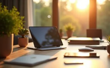 Ein hell erleuchteter, moderner Arbeitsplatz im warmen Morgenlicht, auf dem zwei kompakte Mini-PCs – ein schlanker AMD Spark und eine elegante HP-Tastatur mit integriertem Rechner – inmitten von Zubehör, Notizblöcken und sanft grünen Pflanzenelementen harmonisch nebeneinander stehen, dabei technische Präzision und einladende Atmosphäre für innovative, hybride Arbeitswelten ausstrahlend.