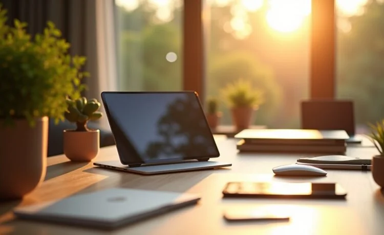 Ein hell erleuchteter, moderner Arbeitsplatz im warmen Morgenlicht, auf dem zwei kompakte Mini-PCs – ein schlanker AMD Spark und eine elegante HP-Tastatur mit integriertem Rechner – inmitten von Zubehör, Notizblöcken und sanft grünen Pflanzenelementen harmonisch nebeneinander stehen, dabei technische Präzision und einladende Atmosphäre für innovative, hybride Arbeitswelten ausstrahlend.