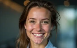 Ein strahlendes, natürlich beleuchtetes Porträt einer jungen Berufstätigen mit freundlichem Lächeln vor hellem, neutralem Hintergrund, das moderne KI-Technologie und persönliche Authentizität im Bewerbungsprozess symbolisiert.