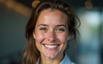 Ein strahlendes, natürlich beleuchtetes Porträt einer jungen Berufstätigen mit freundlichem Lächeln vor hellem, neutralem Hintergrund, das moderne KI-Technologie und persönliche Authentizität im Bewerbungsprozess symbolisiert.