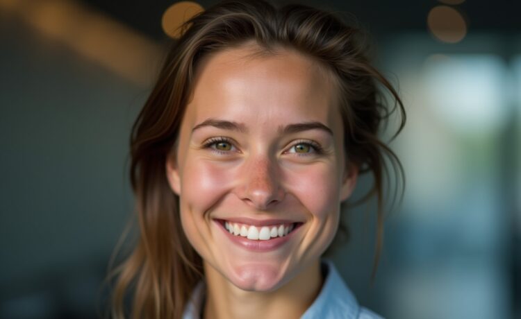 Ein strahlendes, natürlich beleuchtetes Porträt einer jungen Berufstätigen mit freundlichem Lächeln vor hellem, neutralem Hintergrund, das moderne KI-Technologie und persönliche Authentizität im Bewerbungsprozess symbolisiert.