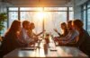 Ein hell erleuchtetes, modernes Büro mit bunt gemischtem Team aus Fachleuten, die konzentriert und freundlich bei einer kreativen Strategie-Session an digitalen Geräten arbeiten, umgeben von großen Fenstern, die warmes Tageslicht hereinströmen lassen und eine Atmosphäre von Aufbruch, Zusammenarbeit sowie zukunftsweisender Innovation vermitteln.
