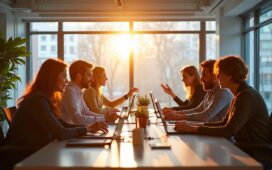 Ein hell erleuchtetes, modernes Büro mit bunt gemischtem Team aus Fachleuten, die konzentriert und freundlich bei einer kreativen Strategie-Session an digitalen Geräten arbeiten, umgeben von großen Fenstern, die warmes Tageslicht hereinströmen lassen und eine Atmosphäre von Aufbruch, Zusammenarbeit sowie zukunftsweisender Innovation vermitteln.