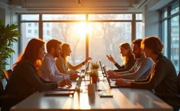 Ein hell erleuchtetes, modernes Büro mit bunt gemischtem Team aus Fachleuten, die konzentriert und freundlich bei einer kreativen Strategie-Session an digitalen Geräten arbeiten, umgeben von großen Fenstern, die warmes Tageslicht hereinströmen lassen und eine Atmosphäre von Aufbruch, Zusammenarbeit sowie zukunftsweisender Innovation vermitteln.