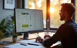 In einem hell erleuchteten, modernen Workspace sitzt ein fokussierter UX-Designer entspannt vor einem großen Bildschirm mit klar strukturierten Wireframes und interaktiven Prototypen, umgeben von Notizen und Sketches, während warmes Tageslicht durch ein großes Fenster strömt und eine einladende, kreative Atmosphäre schafft.