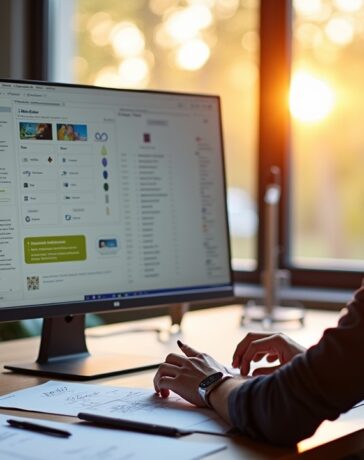 In einem hell erleuchteten, modernen Workspace sitzt ein fokussierter UX-Designer entspannt vor einem großen Bildschirm mit klar strukturierten Wireframes und interaktiven Prototypen, umgeben von Notizen und Sketches, während warmes Tageslicht durch ein großes Fenster strömt und eine einladende, kreative Atmosphäre schafft.