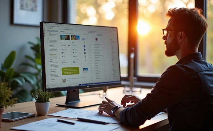In einem hell erleuchteten, modernen Workspace sitzt ein fokussierter UX-Designer entspannt vor einem großen Bildschirm mit klar strukturierten Wireframes und interaktiven Prototypen, umgeben von Notizen und Sketches, während warmes Tageslicht durch ein großes Fenster strömt und eine einladende, kreative Atmosphäre schafft.