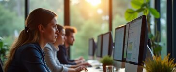 Eine helle, modern eingerichtete Büroumgebung mit fokussierten IT-Experten diverser Altersgruppen, die bei natürlichem Tageslicht konzentriert an Computern arbeiten, während warme Holztöne und dezente Grünpflanzen im Hintergrund für eine einladende und vertrauensvolle Atmosphäre sorgen, die Präzision und nachhaltige Sicherheit in der deutschen KI-Strategie verkörpert.