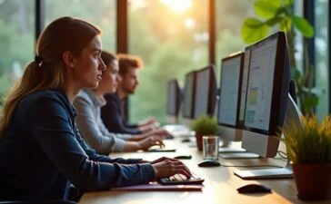 Eine helle, modern eingerichtete Büroumgebung mit fokussierten IT-Experten diverser Altersgruppen, die bei natürlichem Tageslicht konzentriert an Computern arbeiten, während warme Holztöne und dezente Grünpflanzen im Hintergrund für eine einladende und vertrauensvolle Atmosphäre sorgen, die Präzision und nachhaltige Sicherheit in der deutschen KI-Strategie verkörpert.