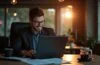 Eine helle, natürlich beleuchtete Aufnahme eines konzentrierten Softwareentwicklers in modernem Büro mit warmem Tageslicht, der an einem Laptop sitzt und mit ruhiger Entschlossenheit Code überprüft – im Vordergrund minimalistisch geöffnete technische Dokumente und ein Kaffeebecher, die eine freundliche, produktive Arbeitsatmosphäre voller Innovation und Zuversicht ausstrahlen.