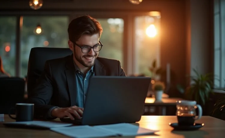 Eine helle, natürlich beleuchtete Aufnahme eines konzentrierten Softwareentwicklers in modernem Büro mit warmem Tageslicht, der an einem Laptop sitzt und mit ruhiger Entschlossenheit Code überprüft – im Vordergrund minimalistisch geöffnete technische Dokumente und ein Kaffeebecher, die eine freundliche, produktive Arbeitsatmosphäre voller Innovation und Zuversicht ausstrahlen.