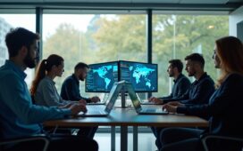 Ein helles, freundliches Büro mit natürlichem Tageslicht, in dem ein Team unterschiedlicher Fachleute konzentriert an vernetzten Bildschirmen arbeitet und gemeinsam Lösungen gegen digitale Bedrohungen entwickelt – ein Symbol für globale Vernetzung, moderne Cyberabwehr und menschliche Zusammenarbeit im Wandel der Cybercrime-Landschaft.