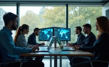 Ein helles, freundliches Büro mit natürlichem Tageslicht, in dem ein Team unterschiedlicher Fachleute konzentriert an vernetzten Bildschirmen arbeitet und gemeinsam Lösungen gegen digitale Bedrohungen entwickelt – ein Symbol für globale Vernetzung, moderne Cyberabwehr und menschliche Zusammenarbeit im Wandel der Cybercrime-Landschaft.