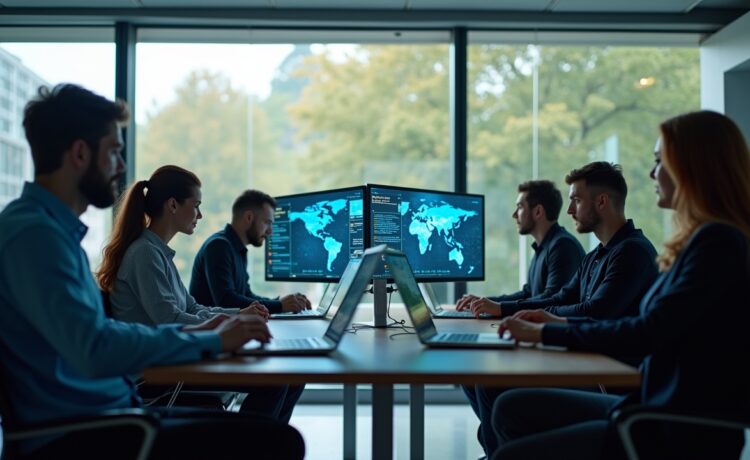 Ein helles, freundliches Büro mit natürlichem Tageslicht, in dem ein Team unterschiedlicher Fachleute konzentriert an vernetzten Bildschirmen arbeitet und gemeinsam Lösungen gegen digitale Bedrohungen entwickelt – ein Symbol für globale Vernetzung, moderne Cyberabwehr und menschliche Zusammenarbeit im Wandel der Cybercrime-Landschaft.