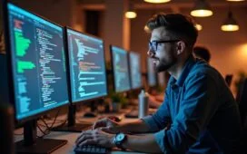 Ein warm ausgeleuchteter, moderner Arbeitsplatz mit einem lächelnden Entwicklerteam, das konzentriert vor hellen Bildschirmen an modularen Programmierprojekten arbeitet und dabei in freundlicher, kollaborativer Atmosphäre die Zukunft der Automatisierung gestaltet.