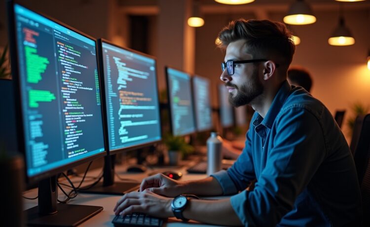 Ein warm ausgeleuchteter, moderner Arbeitsplatz mit einem lächelnden Entwicklerteam, das konzentriert vor hellen Bildschirmen an modularen Programmierprojekten arbeitet und dabei in freundlicher, kollaborativer Atmosphäre die Zukunft der Automatisierung gestaltet.