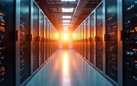 Eine sonnendurchflutete Hightech-Rechenzentrums-Innenaufnahme mit glänzenden Flüssigkühlungsmodulen und vernetzten Serverracks, die in warmem, natürlichem Licht eine zukunftsweisende Atmosphäre von Innovation, Nachhaltigkeit und technologischem Fortschritt ausstrahlt.