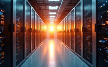 Eine sonnendurchflutete Hightech-Rechenzentrums-Innenaufnahme mit glänzenden Flüssigkühlungsmodulen und vernetzten Serverracks, die in warmem, natürlichem Licht eine zukunftsweisende Atmosphäre von Innovation, Nachhaltigkeit und technologischem Fortschritt ausstrahlt.