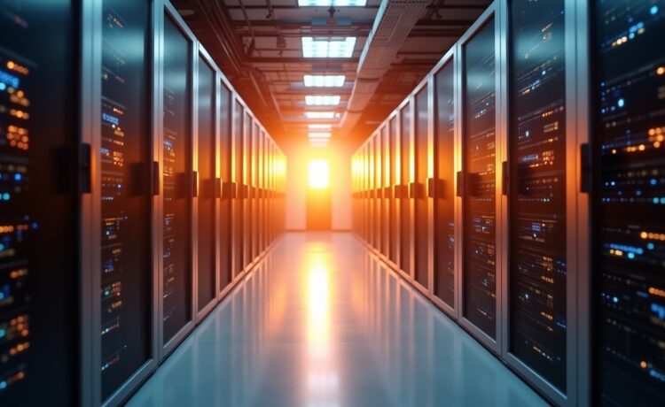 Eine sonnendurchflutete Hightech-Rechenzentrums-Innenaufnahme mit glänzenden Flüssigkühlungsmodulen und vernetzten Serverracks, die in warmem, natürlichem Licht eine zukunftsweisende Atmosphäre von Innovation, Nachhaltigkeit und technologischem Fortschritt ausstrahlt.