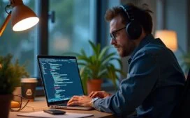 Ein hell erleuchtetes, freundliches Büro mit einem konzentrierten Softwareentwickler vor dem Laptop, umgeben von dezenten technischen Details wie Code auf dem Bildschirm und vorbereiteten Bewerbungsunterlagen, das eine harmonische Atmosphäre von Wachsamkeit und Professionalität vermittelt.