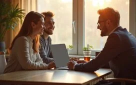 In einem sonnendurchfluteten, modernen Büro sitzt ein nachdenkliches Paar in warmer, einladender Atmosphäre an einem Tisch, während ein engagierter Jurist mit freundlichem Lächeln beratend auf einen Laptop zeigt – ein symbolischer Moment der Verbindung zwischen menschlichen Gefühlen und den komplexen rechtlichen Fragen rund um KI-generierte Inhalte.