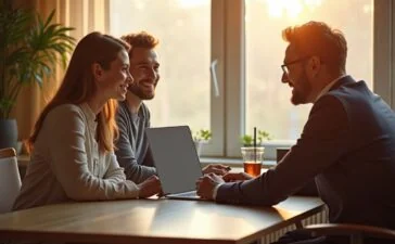 In einem sonnendurchfluteten, modernen Büro sitzt ein nachdenkliches Paar in warmer, einladender Atmosphäre an einem Tisch, während ein engagierter Jurist mit freundlichem Lächeln beratend auf einen Laptop zeigt – ein symbolischer Moment der Verbindung zwischen menschlichen Gefühlen und den komplexen rechtlichen Fragen rund um KI-generierte Inhalte.