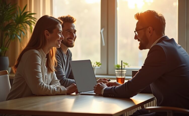 In einem sonnendurchfluteten, modernen Büro sitzt ein nachdenkliches Paar in warmer, einladender Atmosphäre an einem Tisch, während ein engagierter Jurist mit freundlichem Lächeln beratend auf einen Laptop zeigt – ein symbolischer Moment der Verbindung zwischen menschlichen Gefühlen und den komplexen rechtlichen Fragen rund um KI-generierte Inhalte.