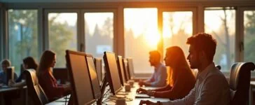 Ein lichtdurchflutetes, modern gestaltetes Büro mit konzentriert arbeitenden Menschen an vernetzten Computern und großen Fenstern, die warmes Tageslicht hereinlassen und die zentrale Bedeutung einer stabilen Internetverbindung für digitale Arbeitsprozesse lebendig und einladend vermitteln.