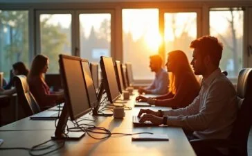 Ein lichtdurchflutetes, modern gestaltetes Büro mit konzentriert arbeitenden Menschen an vernetzten Computern und großen Fenstern, die warmes Tageslicht hereinlassen und die zentrale Bedeutung einer stabilen Internetverbindung für digitale Arbeitsprozesse lebendig und einladend vermitteln.