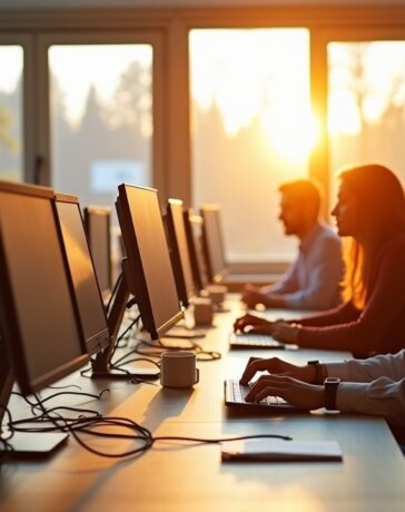 Ein lichtdurchflutetes, modern gestaltetes Büro mit konzentriert arbeitenden Menschen an vernetzten Computern und großen Fenstern, die warmes Tageslicht hereinlassen und die zentrale Bedeutung einer stabilen Internetverbindung für digitale Arbeitsprozesse lebendig und einladend vermitteln.