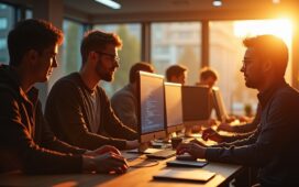 Ein warm ausgeleuchtetes, modernes Büro mit einem jungen Entwicklerteam, das konzentriert und freundlich um einen hellen Bildschirm herum gemeinsam Sicherheitscodes überprüft, während die natürliche Tagessonne durch große Fenster strahlt und eine produktive, vertrauensvolle Atmosphäre schafft.