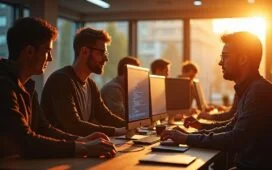 Ein warm ausgeleuchtetes, modernes Büro mit einem jungen Entwicklerteam, das konzentriert und freundlich um einen hellen Bildschirm herum gemeinsam Sicherheitscodes überprüft, während die natürliche Tagessonne durch große Fenster strahlt und eine produktive, vertrauensvolle Atmosphäre schafft.