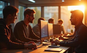 Ein warm ausgeleuchtetes, modernes Büro mit einem jungen Entwicklerteam, das konzentriert und freundlich um einen hellen Bildschirm herum gemeinsam Sicherheitscodes überprüft, während die natürliche Tagessonne durch große Fenster strahlt und eine produktive, vertrauensvolle Atmosphäre schafft.