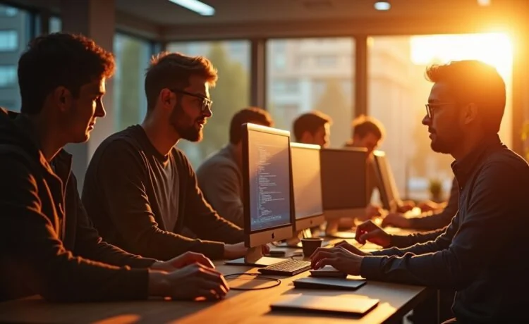 Ein warm ausgeleuchtetes, modernes Büro mit einem jungen Entwicklerteam, das konzentriert und freundlich um einen hellen Bildschirm herum gemeinsam Sicherheitscodes überprüft, während die natürliche Tagessonne durch große Fenster strahlt und eine produktive, vertrauensvolle Atmosphäre schafft.